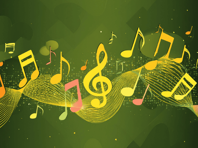 Stylized gold music notes and sound waves on a green gradient background